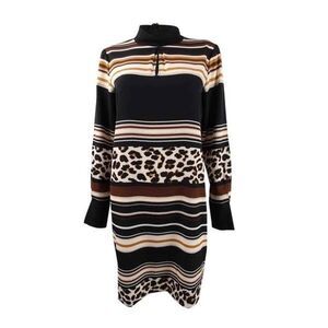 DKNY Dress Womens‎ XS Animal Print Striped Shift Long Sleeves Mock Neck